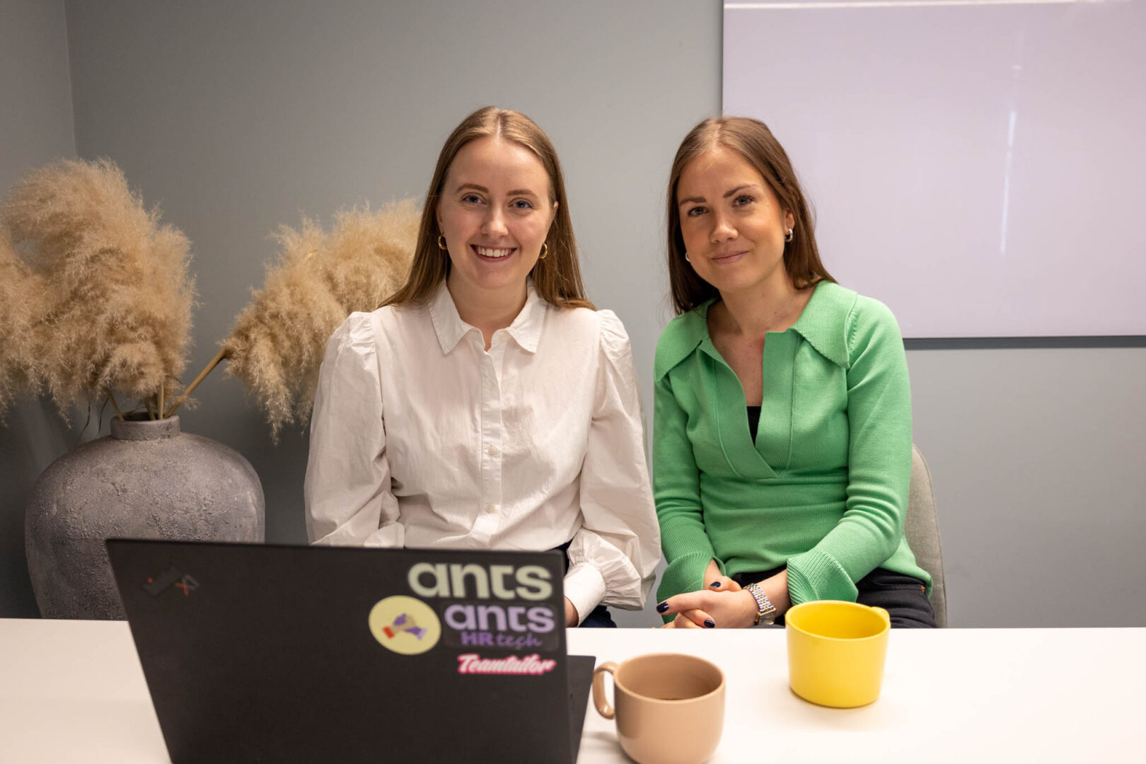 Två marknadsförare sitter i ett mysigt mötesrum på ett BioTech-bolag framför en laptop och ser in i kameran efter att ha diskuterat hur de ska göra reklam för och kommunicera ut en ny produkt på ett vetenskapligt korrekt sätt.